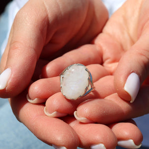 Rainbow Moonstone Ring - Large Oval Gemstone