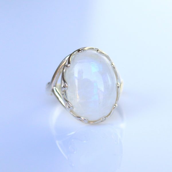 Rainbow Moonstone Ring - Large Oval Gemstone