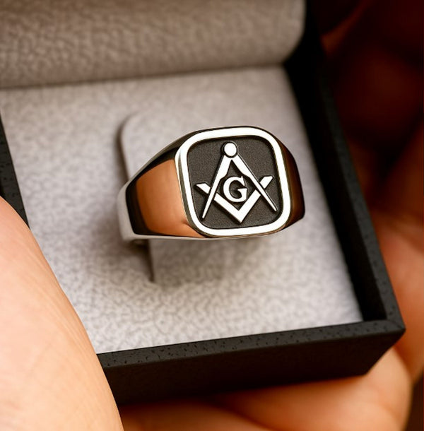 Eliz 925 Sterling Silver Masonic Ring: Eagle & Compass Square A.A.S.R. Design