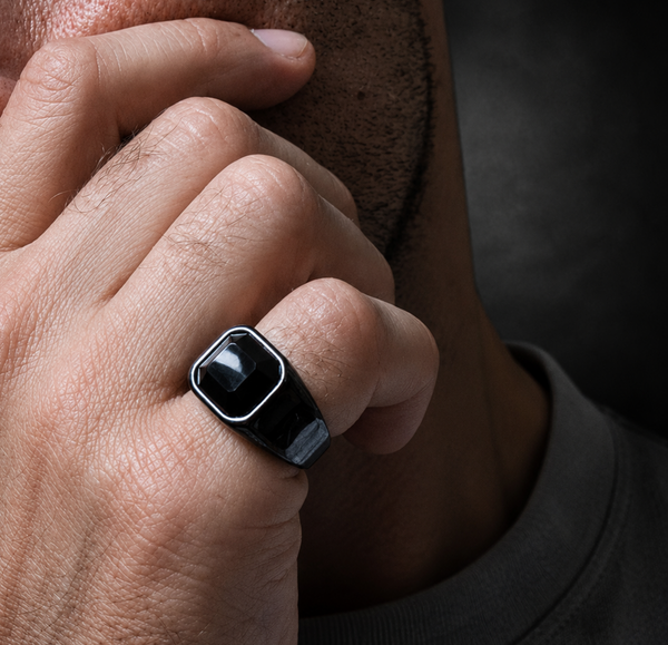 Men's Square Black Onyx Ring – Black Titanium Signet Ring