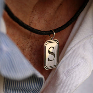 Mens S initial dog tag on leather chain