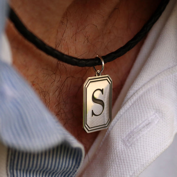 Mens S initial dog tag on leather chain