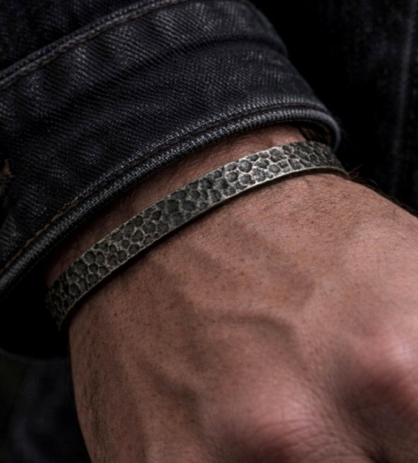 Personalized Men's Hammered Black Cuff Bracelet – Rustic Textured Titanium Bracelet with Hidden Engraving