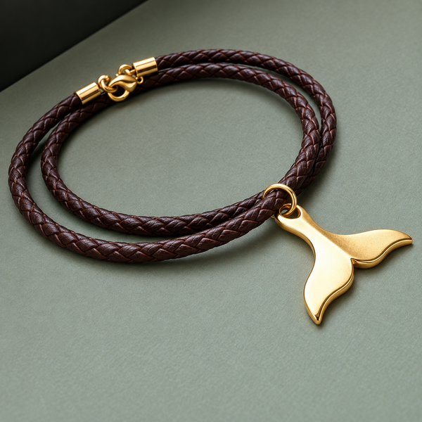 Gold Whale Tail Leather Braided Necklace