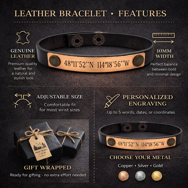 Latitude Longitude Custom Leather Bracelet for Men