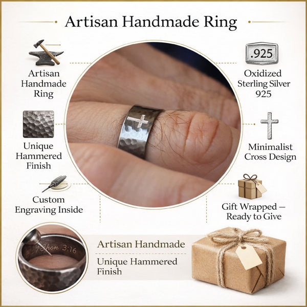 Rustic Cross Ring for Men Hammered Oxidized Sterling silver