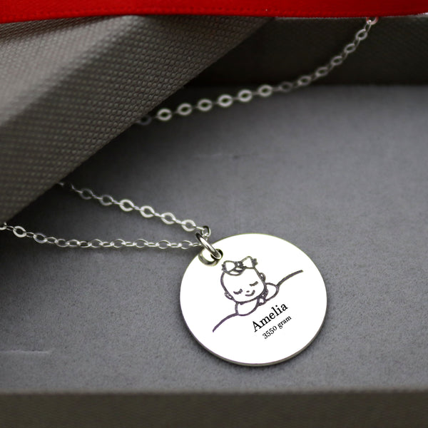 Necklace for mom with baby girl with bow Name, Weight and Birth date 