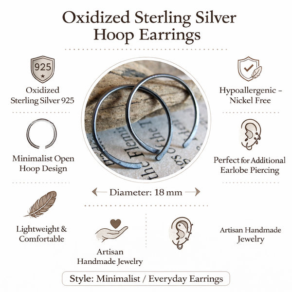 Oxidized Sterling Silver Black Hoops - Open hoop earrings
