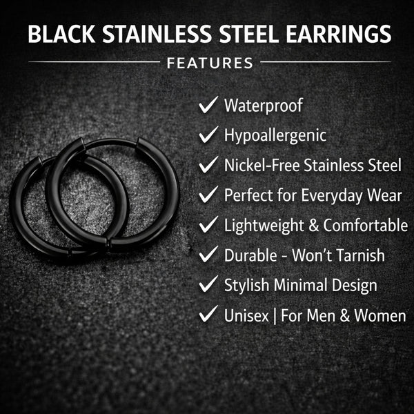 Black Huggie Hoop Earrings for Men & Women – Hypoallergenic Stainless Steel Hoop Earrings, Minimalist Unisex Jewelry Gift