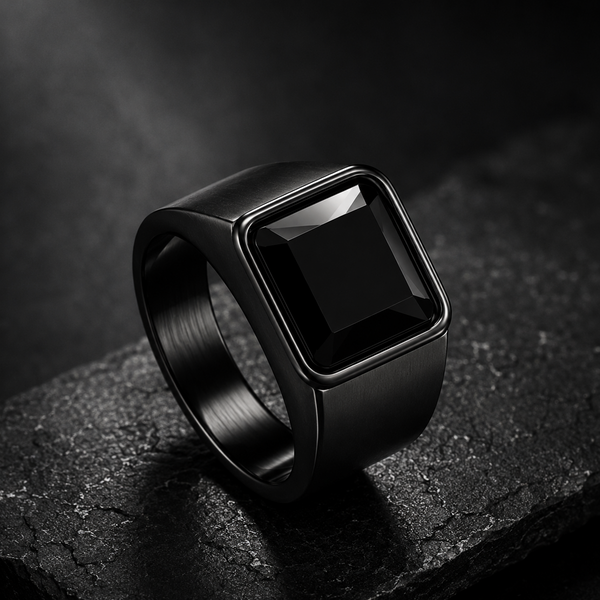 Men's Square Black Onyx Ring – Black Titanium Signet Ring