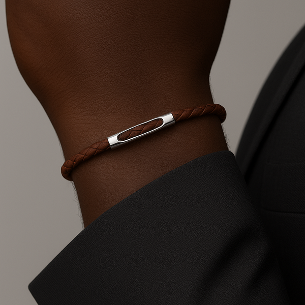 braided brown leather silver bracelet  men
