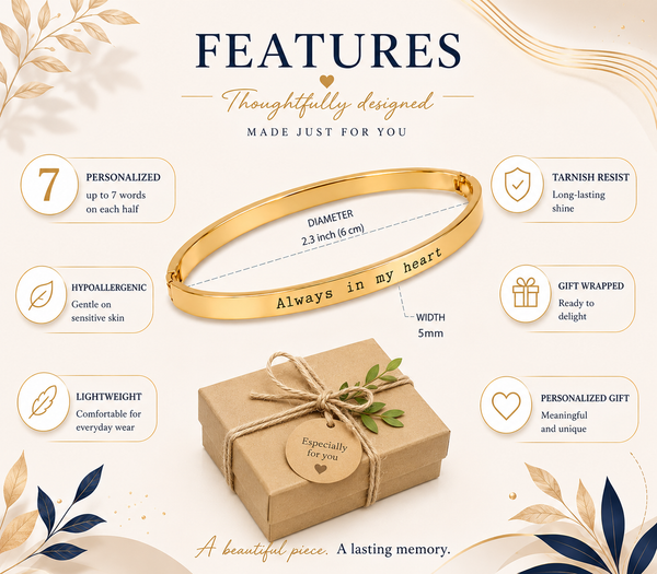 A gold engraved bangle bracelet is shown on a beige branded infographic titled FEATURES. The image includes text callouts about the bracelet's personalization, diameter, width, tarnish resistance, and gift-wrapping, alongside a wrapped gift box with a tag reading 'Especially for you.