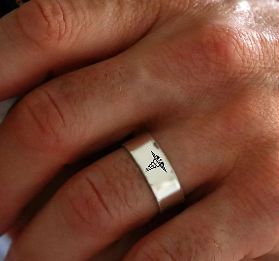 Personalized Caduceus Ring Sterling Silver Band with Med Alert Symbols
