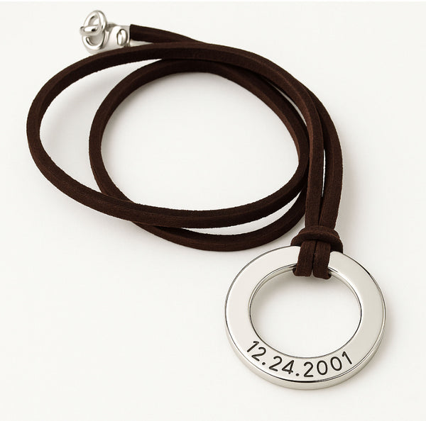 Personalized Mens Necklace - Custom Silver Round Pendant Engraved Words