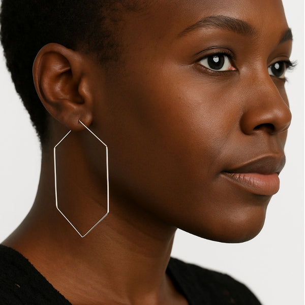 Hexagon Geometric Sterling Silver Hoops - Long Polygon Hoops