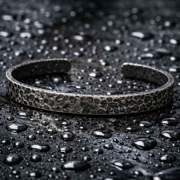 Personalized Men's Hammered Black Cuff Bracelet – Rustic Textured Titanium Bracelet with Hidden Engraving