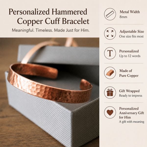 Hammered Copper Cuff Bracelet for Men, Personalized 7th Anniversary Gift