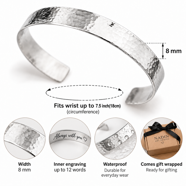 Hammered Silver Cuff Bracelet for Men - Textured Hidden Message Cuff