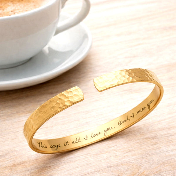 Custom Gold Handwriting Cuff Bracelet – Personalized Engraved Hidden Message, Memorial Gift for Her