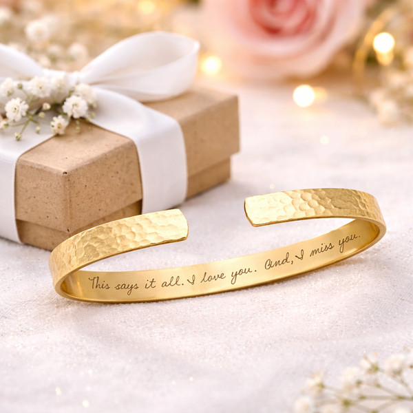 Custom Gold Handwriting Cuff Bracelet – Personalized Engraved Hidden Message, Memorial Gift for Her