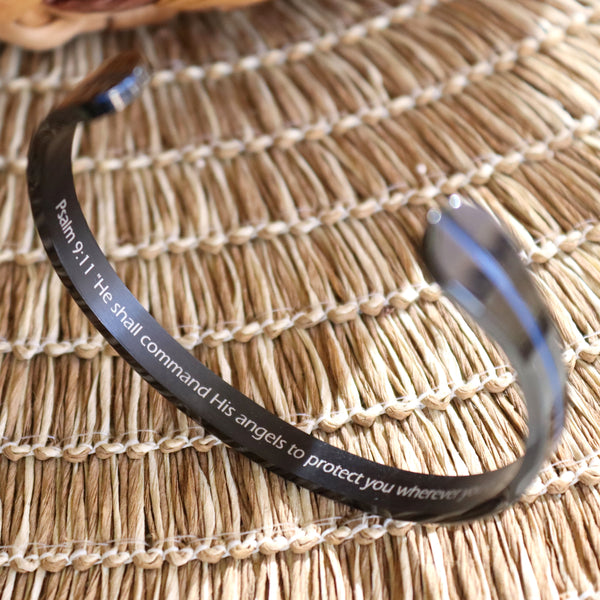 black cuff bracelet with custom psalm engraved