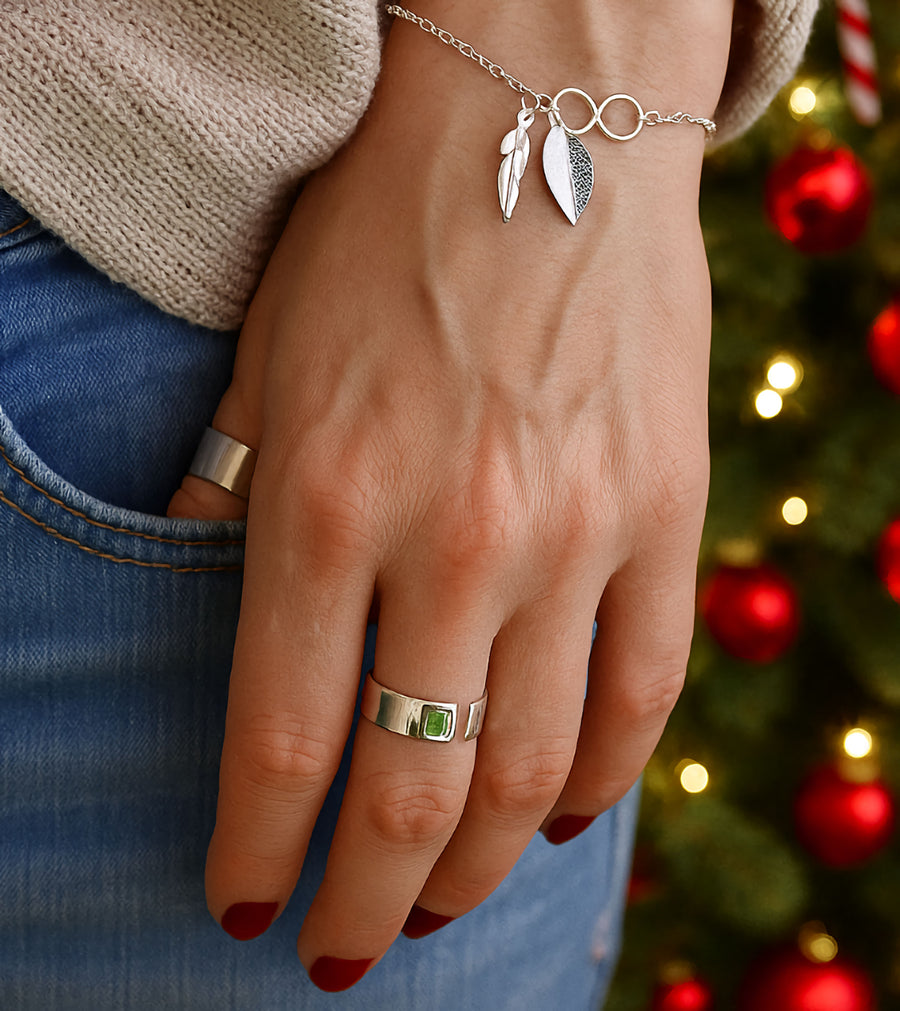 Personalized Initial Charm Infinity Bracelet with Feather and Leaf dangles