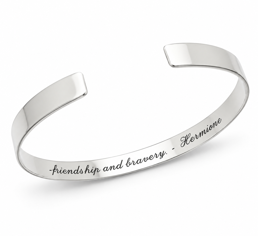 elegant silver cuff bracelet with the custom engraved message