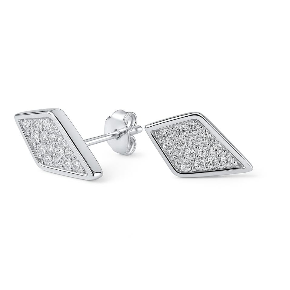 Diamond Shape Sterling Silver Stud Earrings with Crystals Kite Studs