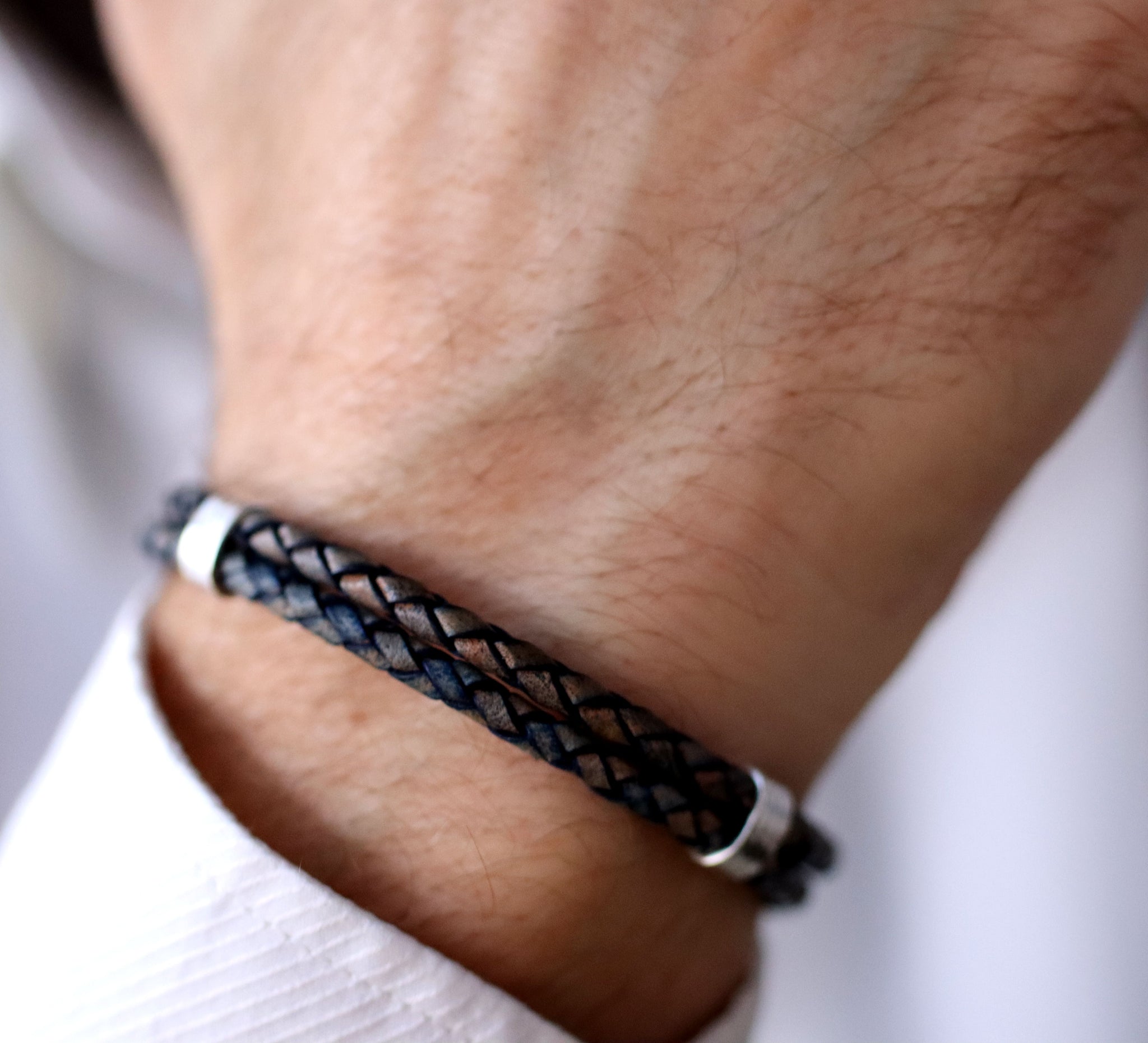 Two layered Round leather bracelet on mens wrist