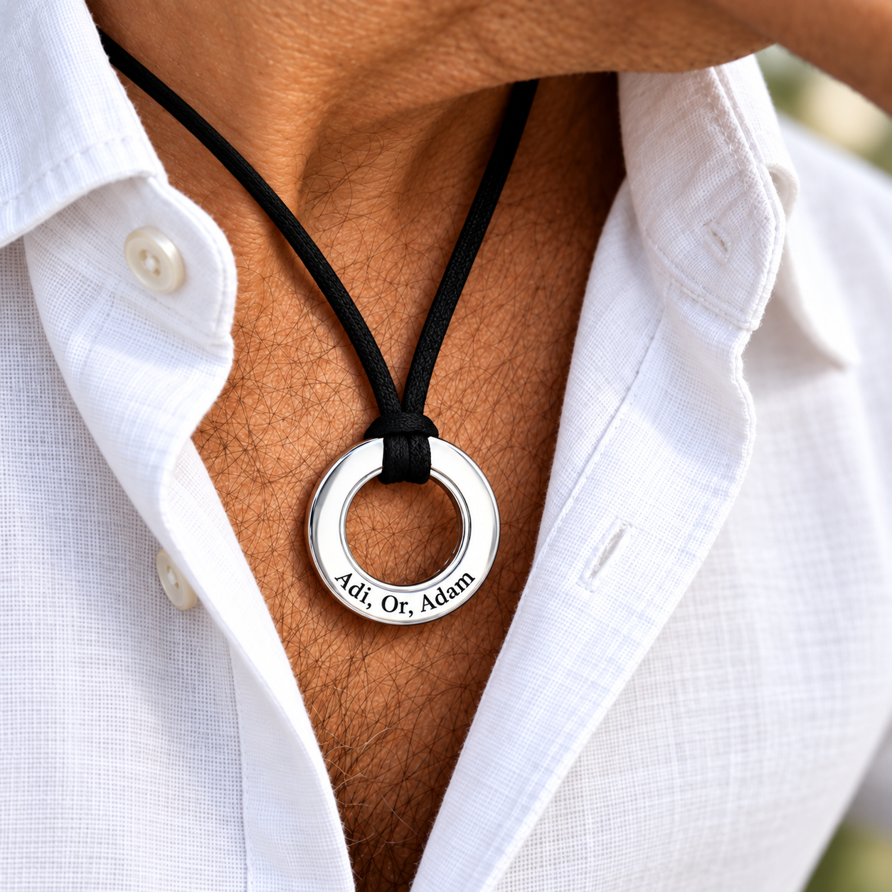 Personalized Mens Necklace - Custom Silver Round Pendant Engraved Words