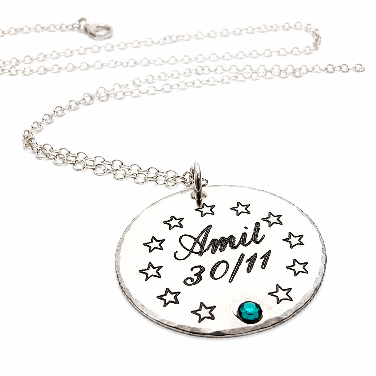 Custom Birthstone Necklace with name, date and stars