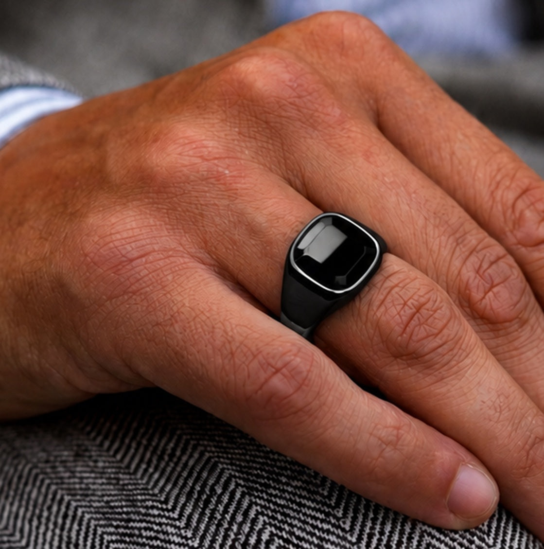 Men's Square Black Onyx Ring – Black Titanium Signet Ring