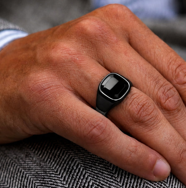 Men's Square Black Onyx Ring – Black Titanium Signet Ring