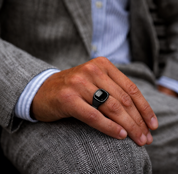 Men's Square Black Onyx Ring – Black Titanium Signet Ring