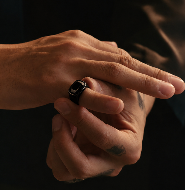 Men's Square Black Onyx Ring – Black Titanium Signet Ring