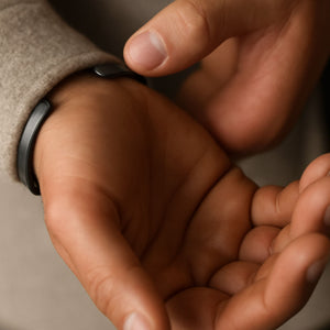 open cuff bracelet on mens wrist