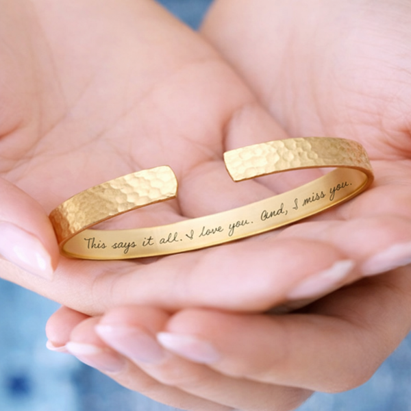 Custom Gold Handwriting Cuff Bracelet – Personalized Engraved Hidden Message, Memorial Gift for Her