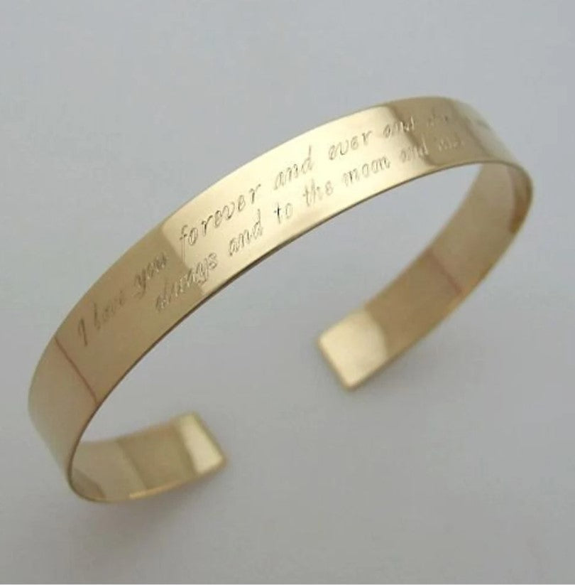long text engraved gold cuff bracelet 