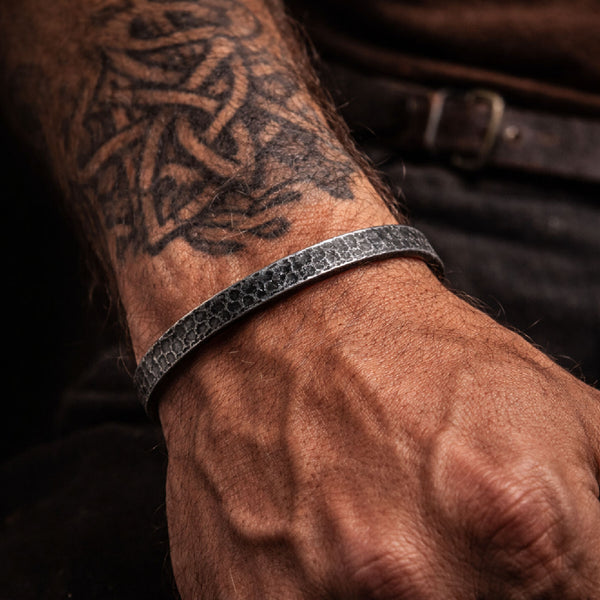 Personalized Men's Hammered Black Cuff Bracelet – Rustic Textured Titanium Bracelet with Hidden Engraving