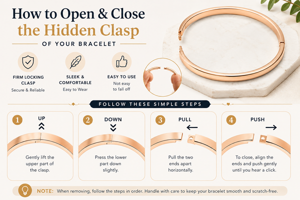 Instructional graphic titled 'How to Open & Close the Hidden Clasp of the Bracelet' showing a rose-gold bracelet on a light marble surface, with step-by-step directions for opening and closing the clasp.