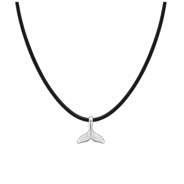Silver whale tail pendant on a black cord  