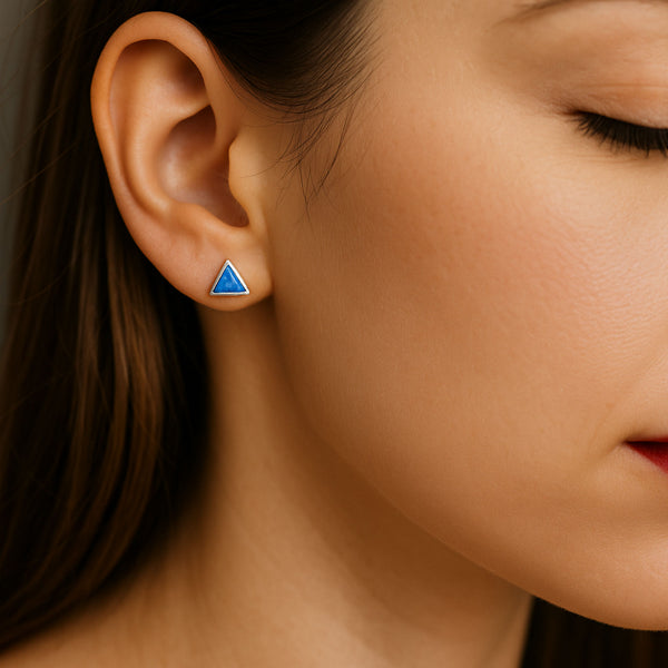 blue opal triangle stud earrings