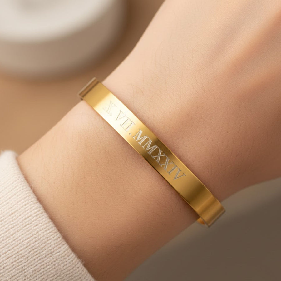 gold roman numeral date cuff bracelet 
