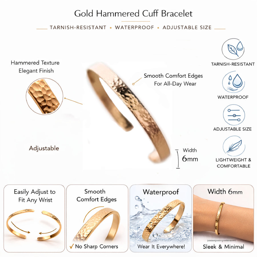 Flat Hammered Bangle Bracelet - Yellow Gold Cuff - 1st Wedding Anniversary Gift for her