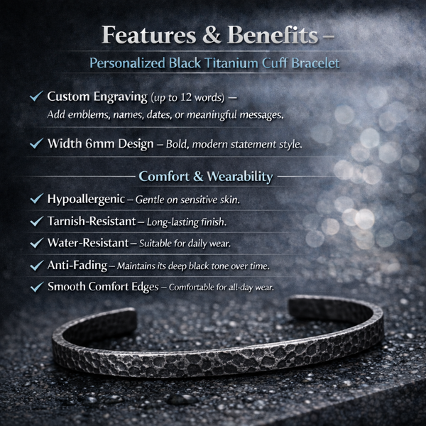 Personalized Men's Hammered Black Cuff Bracelet – Rustic Textured Titanium Bracelet with Hidden Engraving