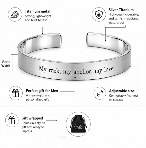 Mens Personalized Titanium Cuff Bracelet - Custom Engraving up to 12 words