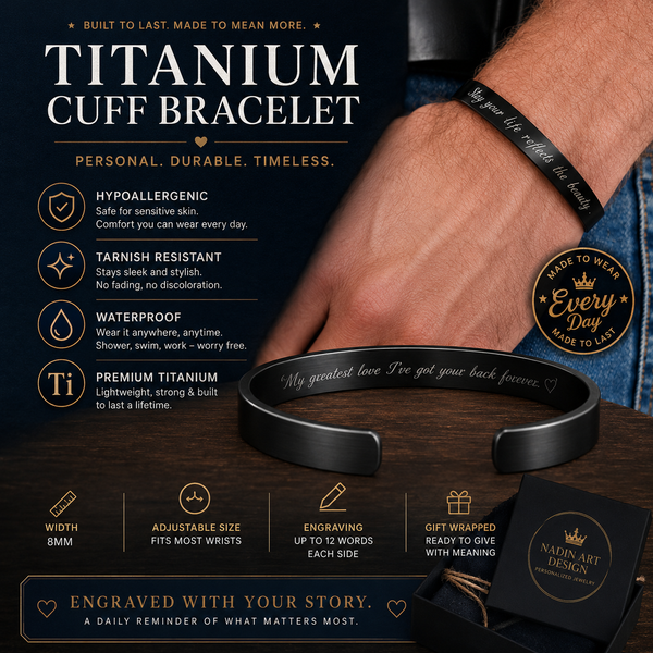A black titanium cuff bracelet with engraved white text, shown worn on a person's wrist against a dark background with product features and branding.