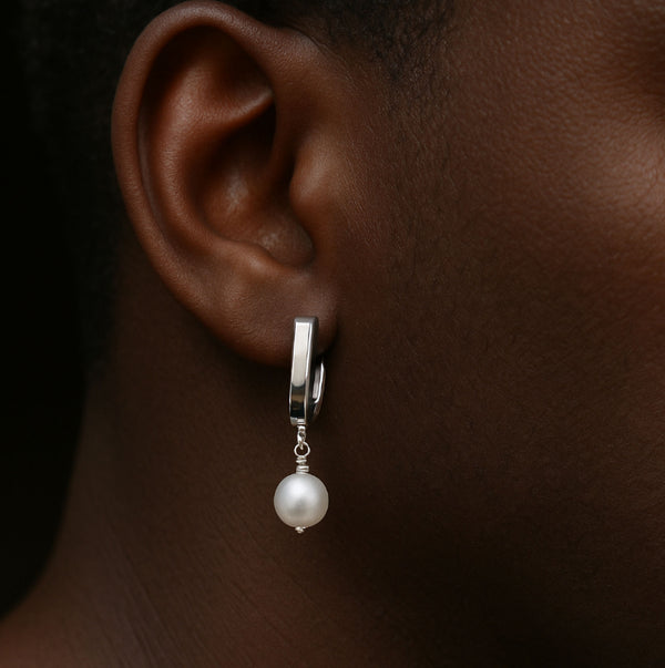 white pearl drop charm earring for men