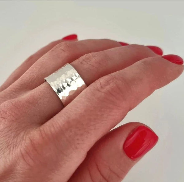 Wide Sterling Silver Hammered Band Ring for Her or Him