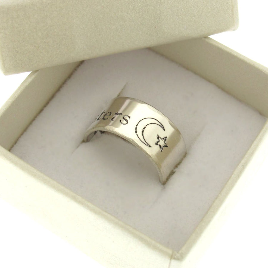 Engraved Sterling Silver Star Moon Ring